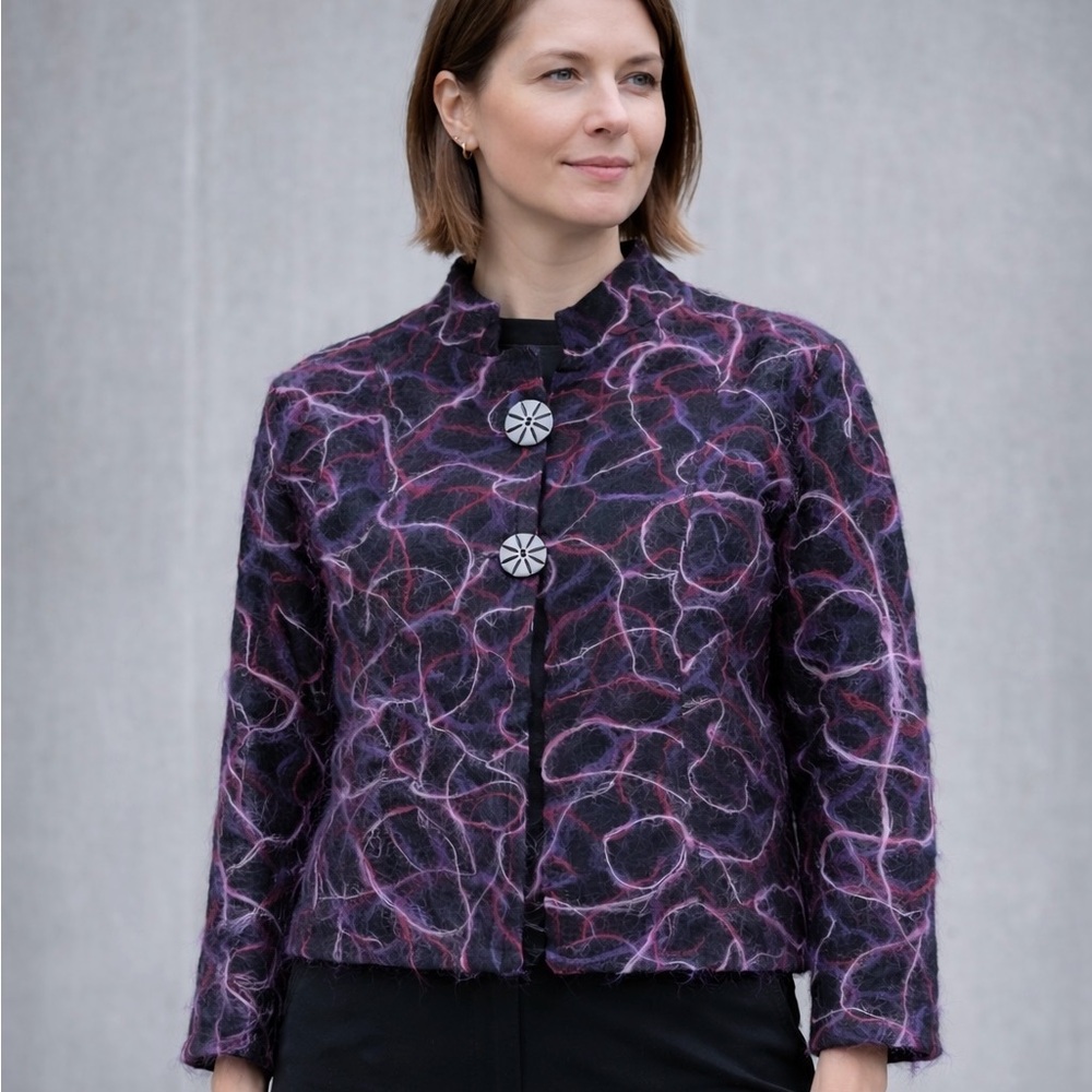Laura Ashley Blazer Large Purple Jacket Fuzzy Swirl Abstract Artsy Wool Yarn
